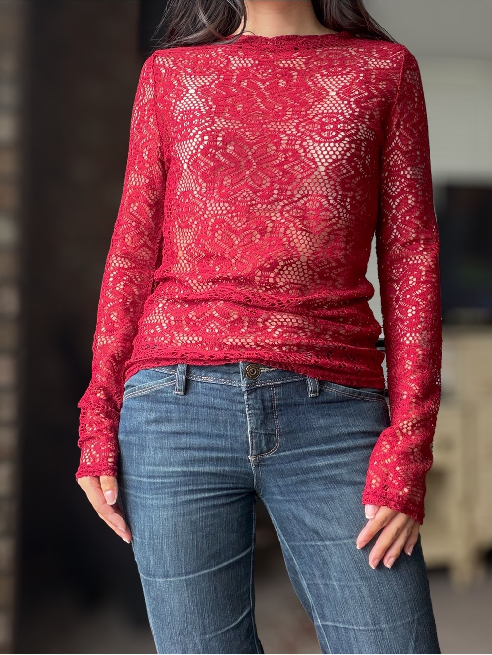Vintage Red Lace Long-Sleeve Sheer Top